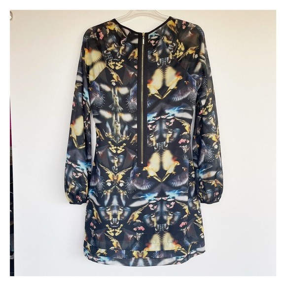 TED BAKER BLACK & MULTI COLOURED BIRD PRINT LONG SLEEVE DRESS SIZE 2 US 6 - Picture 2 of 10